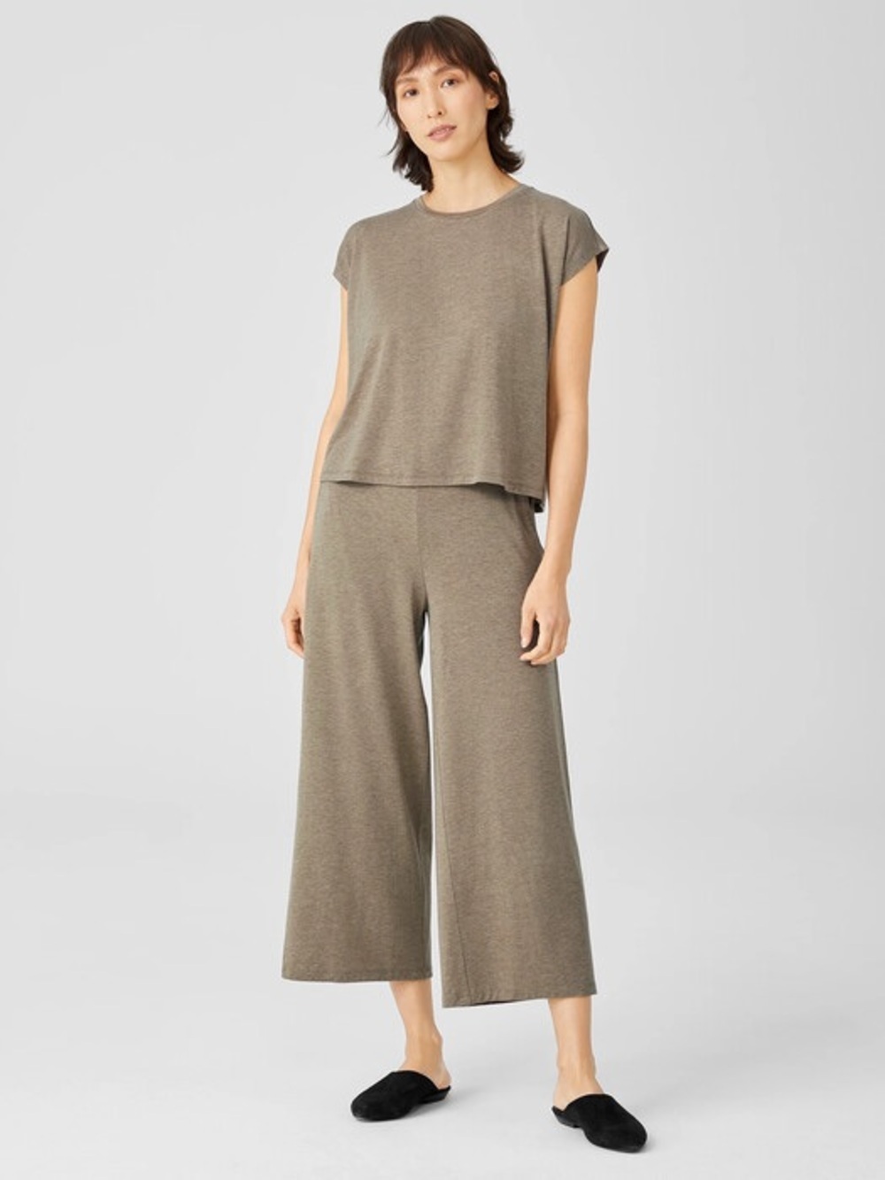 Eileen fisher Wide-Leg Knit Crop Pants tan khaki lounge relaxed bf fit cotton